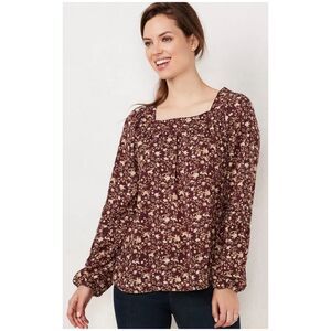 LC LAUREN CONRAD Burgundy White Floral Lauren Shirred Peasant Blouse